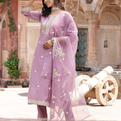 Stylum Women's Purple Embroidered Silk Blend Straight Kurta Pant Dupatta Set (KPDPURPLEPALKI)