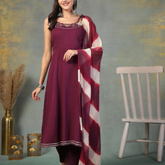 Stylum Women's Purple Solid & Embroidered Poly Crepe A-Line Kurta Pant Dupatta Set (KPDPURPLEPANAMA)