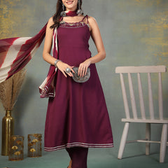 Stylum Women's Purple Solid & Embroidered Poly Crepe A-Line Kurta Pant Dupatta Set (KPDPURPLEPANAMA)