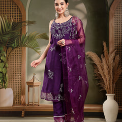 Stylum Women's Purple Solid & Embroidered Organza Straight Kurta Pant Dupatta Set (KPDPURPLEPARINDA)