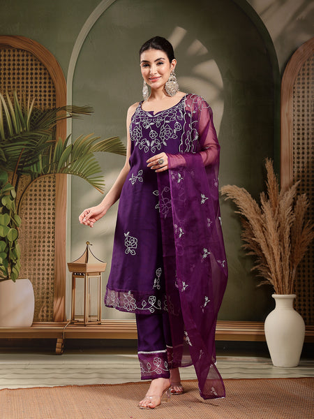 Stylum Women's Purple Solid & Embroidered Organza Straight Kurta Pant Dupatta Set (KPDPURPLEPARINDA)