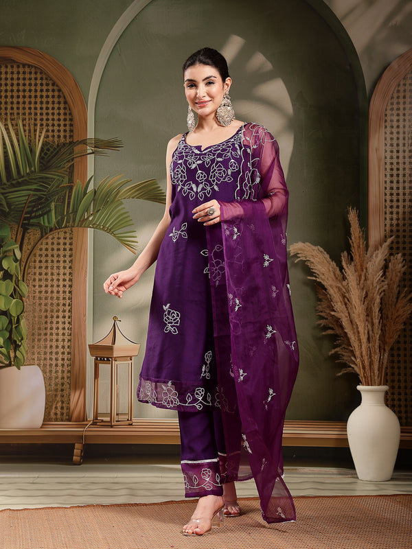 Stylum Women's Purple Solid & Embroidered Organza Straight Kurta Pant Dupatta Set (KPDPURPLEPARINDA)