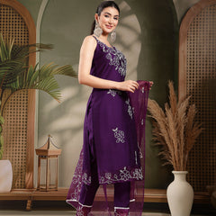 Stylum Women's Purple Solid & Embroidered Organza Straight Kurta Pant Dupatta Set (KPDPURPLEPARINDA)