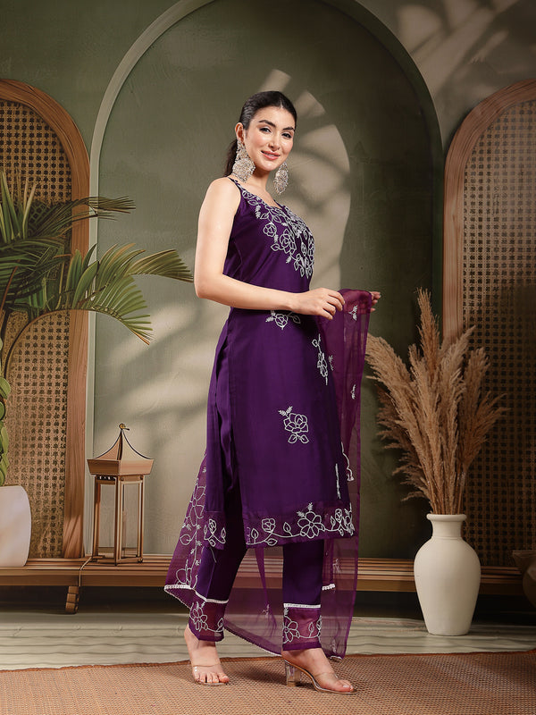 Stylum Women's Purple Solid & Embroidered Organza Straight Kurta Pant Dupatta Set (KPDPURPLEPARINDA)