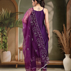 Stylum Women's Purple Solid & Embroidered Organza Straight Kurta Pant Dupatta Set (KPDPURPLEPARINDA)