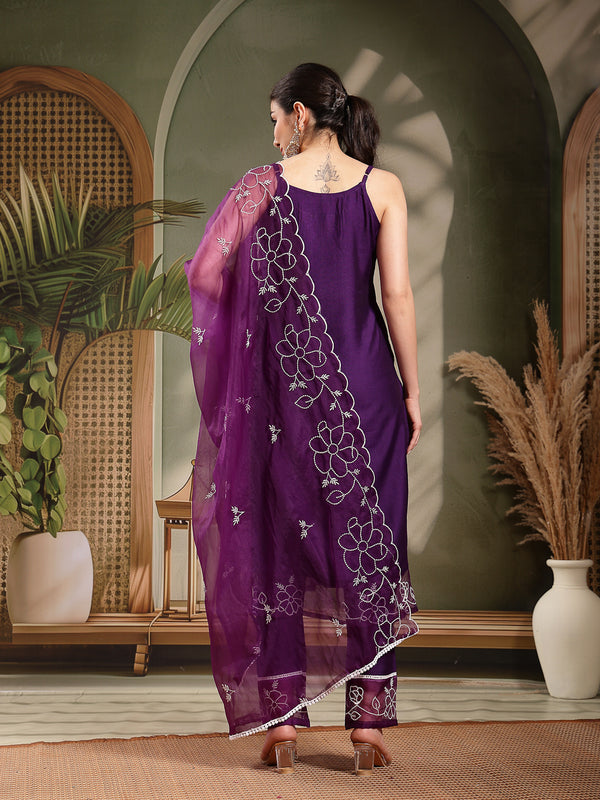 Stylum Women's Purple Solid & Embroidered Organza Straight Kurta Pant Dupatta Set (KPDPURPLEPARINDA)