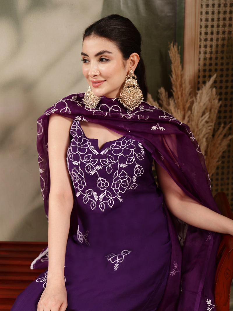 Stylum Women's Purple Solid & Embroidered Organza Straight Kurta Pant Dupatta Set (KPDPURPLEPARINDA)