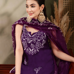 Stylum Women's Purple Solid & Embroidered Organza Straight Kurta Pant Dupatta Set (KPDPURPLEPARINDA)