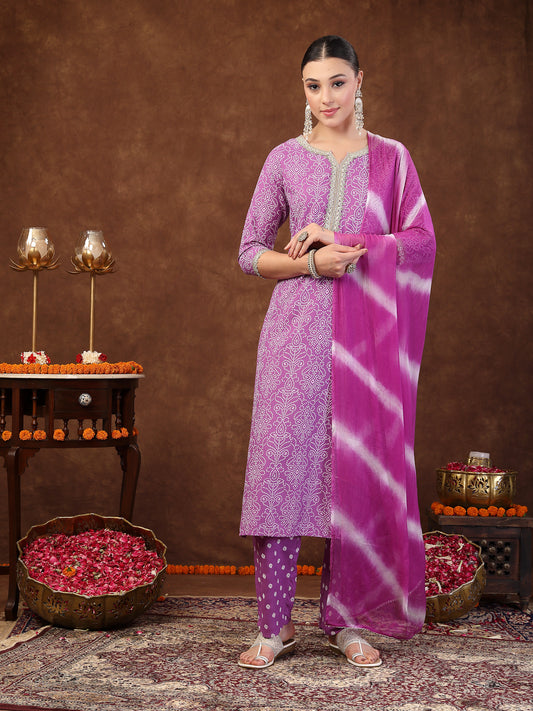 Stylum Women's Purple Bandhani Printed Rayon Straight Kurta Pant Dupatta Set (KPDPURPLEPAURI)