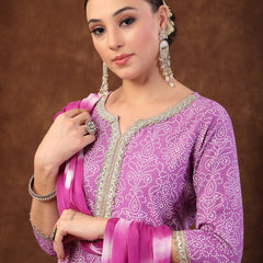Stylum Women's Purple Bandhani Printed Rayon Straight Kurta Pant Dupatta Set (KPDPURPLEPAURI)