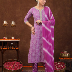 Stylum Women's Purple Bandhani Printed Rayon Straight Kurta Pant Dupatta Set (KPDPURPLEPAURI)