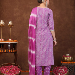 Stylum Women's Purple Bandhani Printed Rayon Straight Kurta Pant Dupatta Set (KPDPURPLEPAURI)