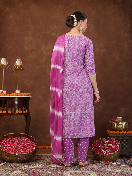 Stylum Women's Purple Bandhani Printed Rayon Straight Kurta Pant Dupatta Set (KPDPURPLEPAURI)