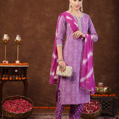 Stylum Women's Purple Bandhani Printed Rayon Straight Kurta Pant Dupatta Set (KPDPURPLEPAURI)