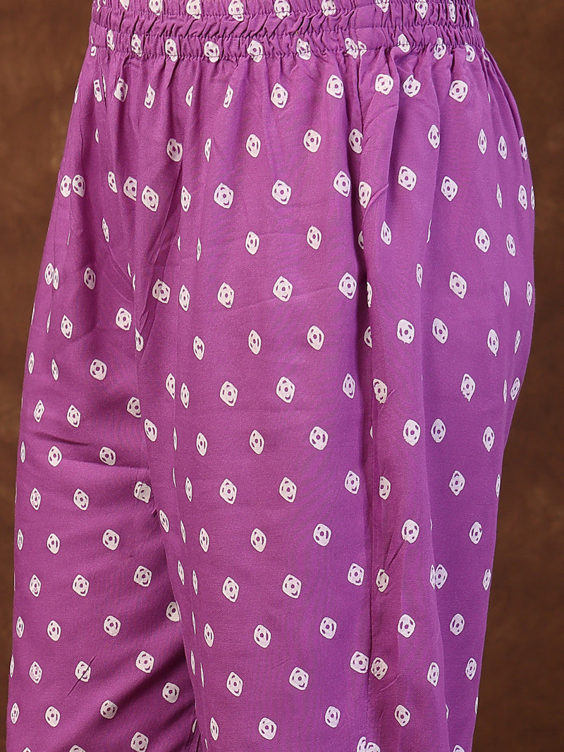 Stylum Women's Purple Bandhani Printed Rayon Straight Kurta Pant Dupatta Set (KPDPURPLEPAURI)