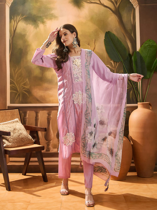 Stylum Women's Purple Solid & Embroidered Chinon Silk Straight Kurta Pant Dupatta Set (KPDPURPLEPRANZA)