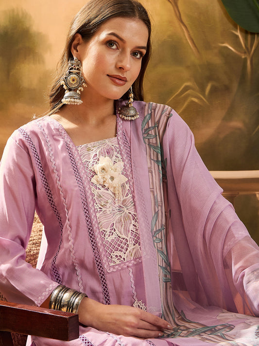 Stylum Women's Purple Solid & Embroidered Chinon Silk Straight Kurta Pant Dupatta Set (KPDPURPLEPRANZA)