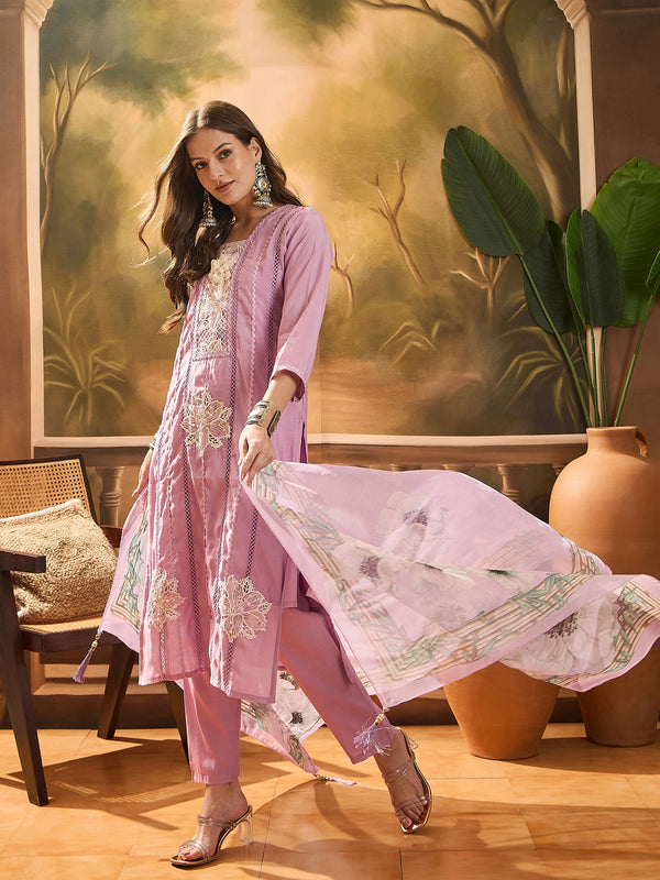 Stylum Women's Purple Solid & Embroidered Chinon Silk Straight Kurta Pant Dupatta Set (KPDPURPLEPRANZA)