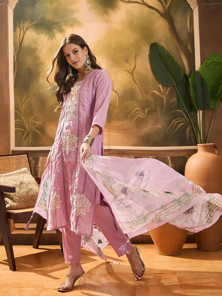 Stylum Women's Purple Solid & Embroidered Chinon Silk Straight Kurta Pant Dupatta Set (KPDPURPLEPRANZAL)