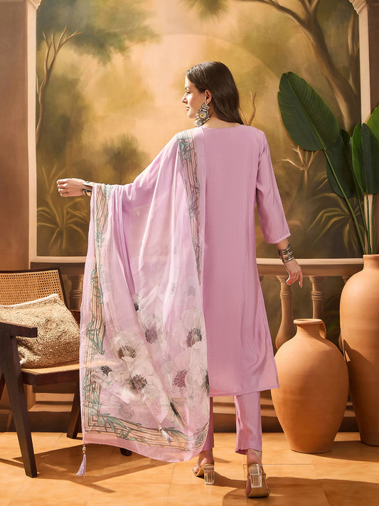 Stylum Women's Purple Solid & Embroidered Chinon Silk Straight Kurta Pant Dupatta Set (KPDPURPLEPRANZA)