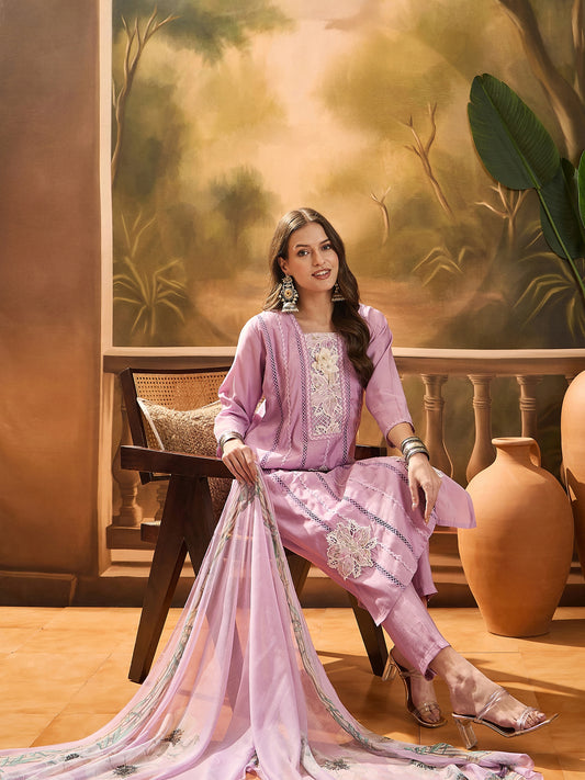 Stylum Women's Purple Solid & Embroidered Chinon Silk Straight Kurta Pant Dupatta Set (KPDPURPLEPRANZA)