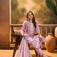 Stylum Women's Purple Solid & Embroidered Chinon Silk Straight Kurta Pant Dupatta Set (KPDPURPLEPRANZAL)