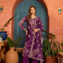 Stylum Women's Purple Ikkat Printed Chanderi Straight Kurta Pant Dupatta Set (KPDPURPLEROCHAK)
