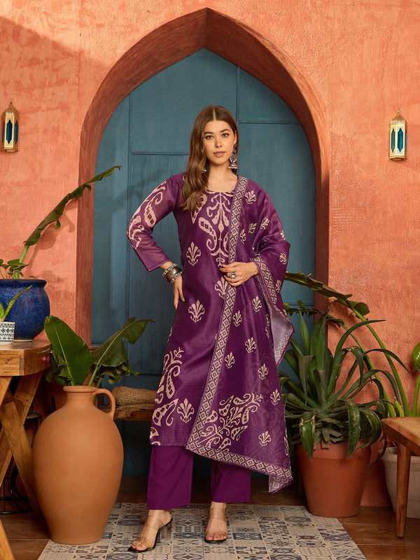 Stylum Women's Purple Ikkat Printed Chanderi Straight Kurta Pant Dupatta Set (KPDPURPLEROCHAK)