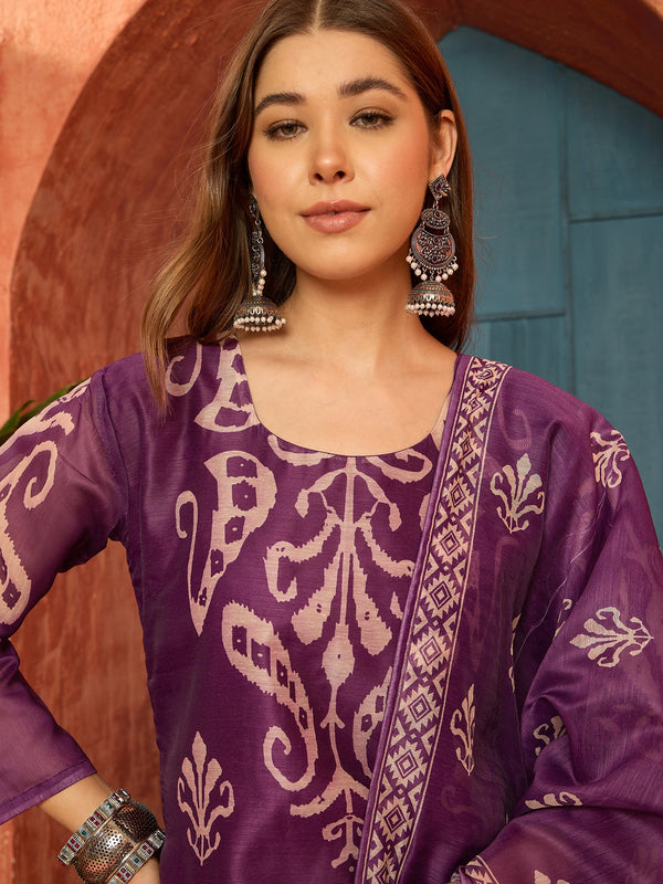 Stylum Women's Purple Ikkat Printed Chanderi Straight Kurta Pant Dupatta Set (KPDPURPLEROCHAK)