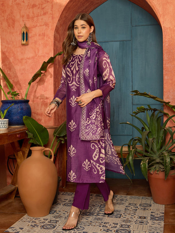 Stylum Women's Purple Ikkat Printed Chanderi Straight Kurta Pant Dupatta Set (KPDPURPLEROCHAK)