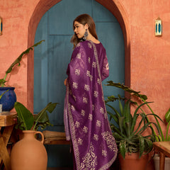 Stylum Women's Purple Ikkat Printed Chanderi Straight Kurta Pant Dupatta Set (KPDPURPLEROCHAK)