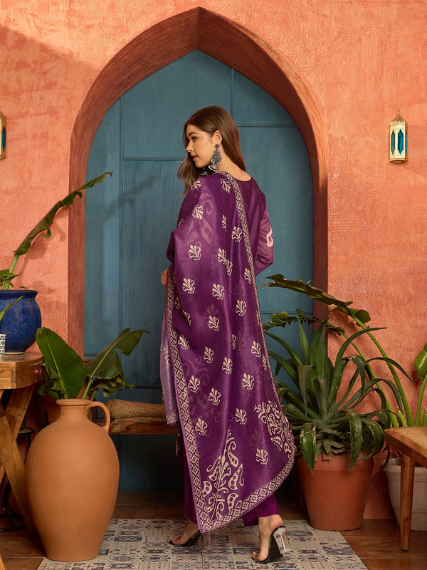 Stylum Women's Purple Ikkat Printed Chanderi Straight Kurta Pant Dupatta Set (KPDPURPLEROCHAK)