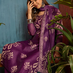 Stylum Women's Purple Ikkat Printed Chanderi Straight Kurta Pant Dupatta Set (KPDPURPLEROCHAK)