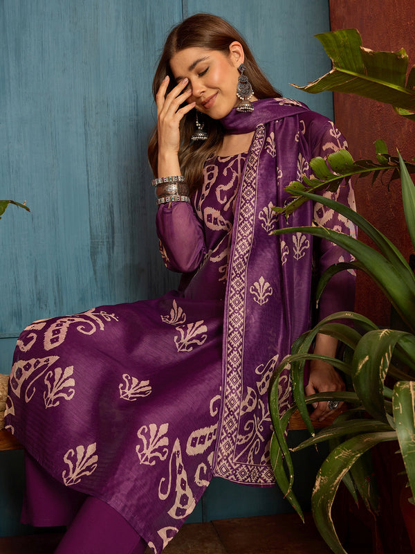 Stylum Women's Purple Ikkat Printed Chanderi Straight Kurta Pant Dupatta Set (KPDPURPLEROCHAK)