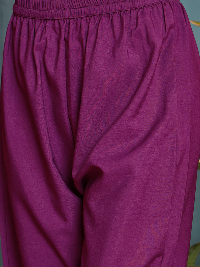 Stylum Women's Purple Ikkat Printed Chanderi Straight Kurta Pant Dupatta Set (KPDPURPLEROCHAK)