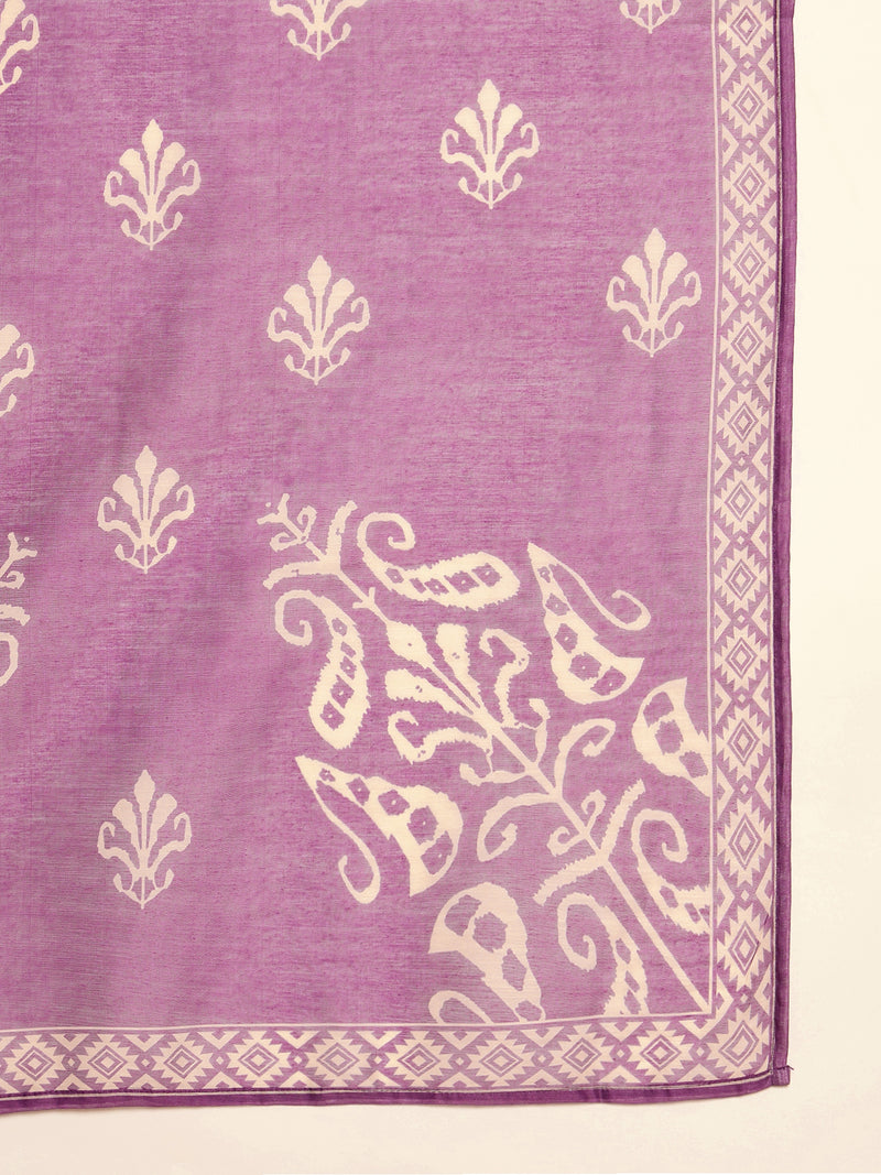 Stylum Women's Purple Ikkat Printed Chanderi Straight Kurta Pant Dupatta Set (KPDPURPLEROCHAK)