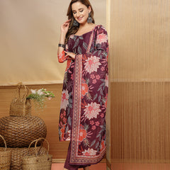 Stylum Women's Purple Floral Printed Chanderi Silk Straight Kurta Pant Dupatta Set (KPDPURPLERUHANI)