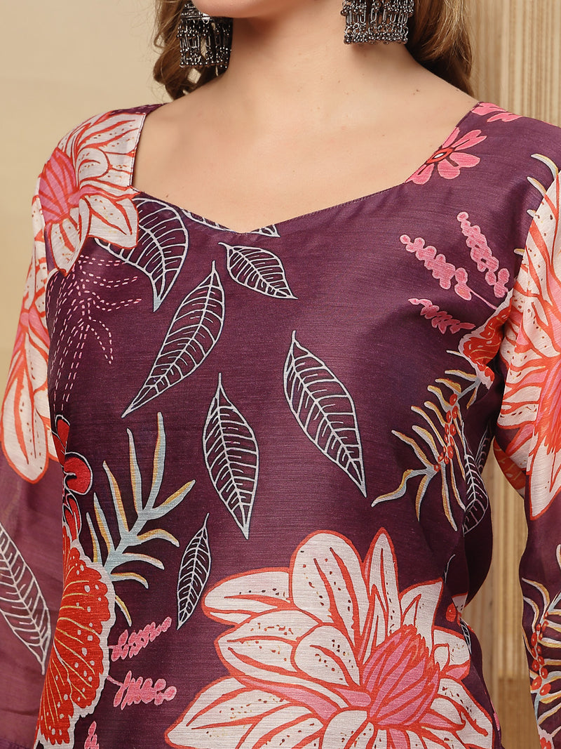 Stylum Women's Purple Floral Printed Chanderi Silk Straight Kurta Pant Dupatta Set (KPDPURPLERUHANI)