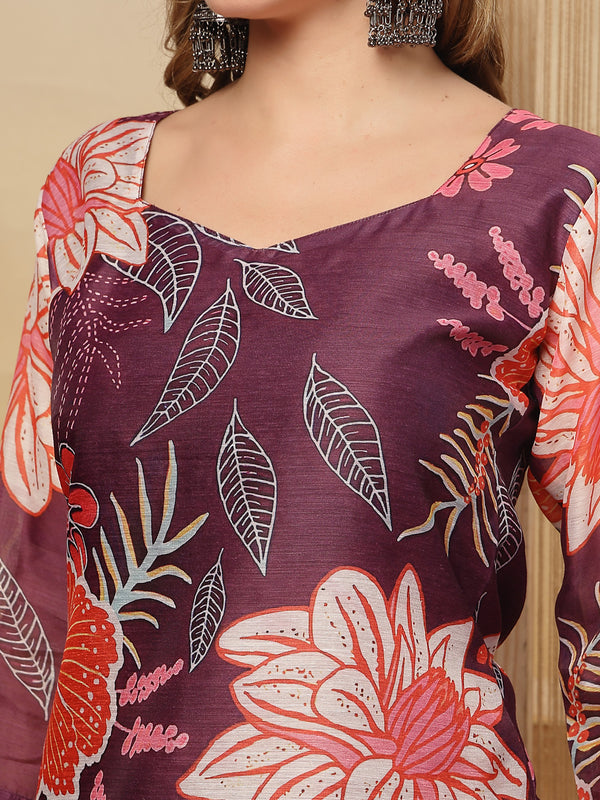 Stylum Women's Purple Floral Printed Chanderi Silk Straight Kurta Pant Dupatta Set (KPDPURPLERUHANI)