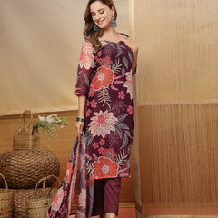 Stylum Women's Purple Floral Printed Chanderi Silk Straight Kurta Pant Dupatta Set (KPDPURPLERUHANI)