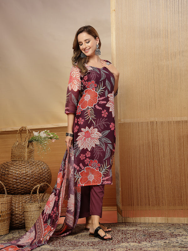 Stylum Women's Purple Floral Printed Chanderi Silk Straight Kurta Pant Dupatta Set (KPDPURPLERUHANI)