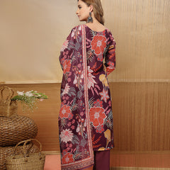 Stylum Women's Purple Floral Printed Chanderi Silk Straight Kurta Pant Dupatta Set (KPDPURPLERUHANI)