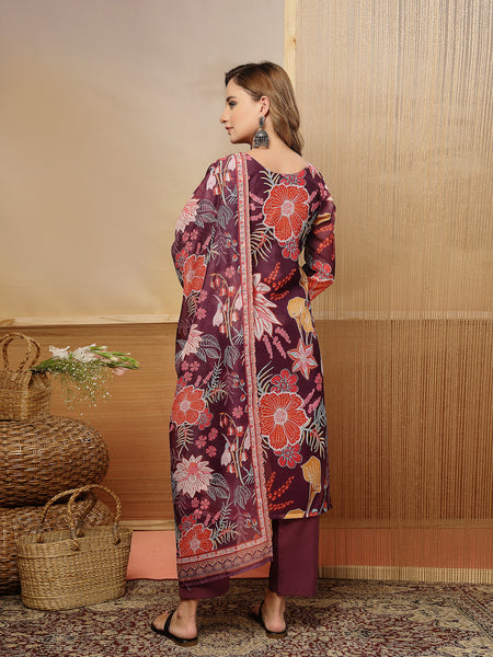 Stylum Women's Purple Floral Printed Chanderi Silk Straight Kurta Pant Dupatta Set (KPDPURPLERUHANI)
