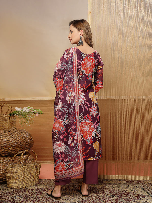 Stylum Women's Purple Floral Printed Chanderi Silk Straight Kurta Pant Dupatta Set (KPDPURPLERUHANI)