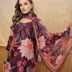 Stylum Women's Purple Floral Printed Chanderi Silk Straight Kurta Pant Dupatta Set (KPDPURPLERUHANI)