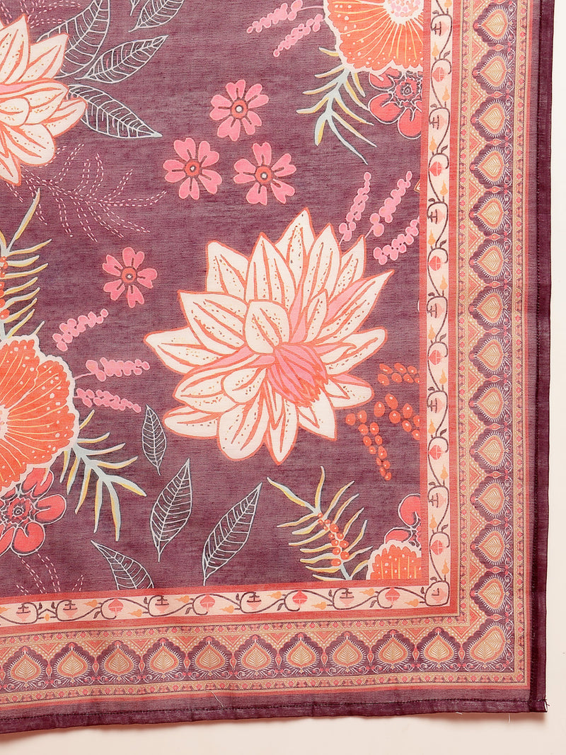 Stylum Women's Purple Floral Printed Chanderi Silk Straight Kurta Pant Dupatta Set (KPDPURPLERUHANI)