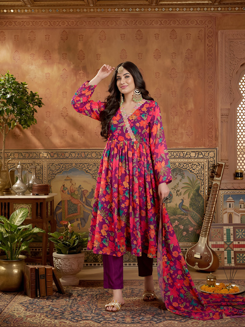Stylum Women's Purple Floral Printed Aari Work Muslin Flared Kurta Pant Dupatta Set (KPDPURPLESANGAM)