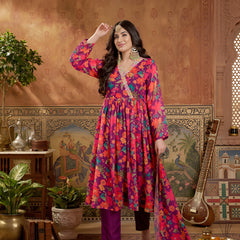 Stylum Women's Purple Floral Printed Aari Work Muslin Flared Kurta Pant Dupatta Set (KPDPURPLESANGAM)