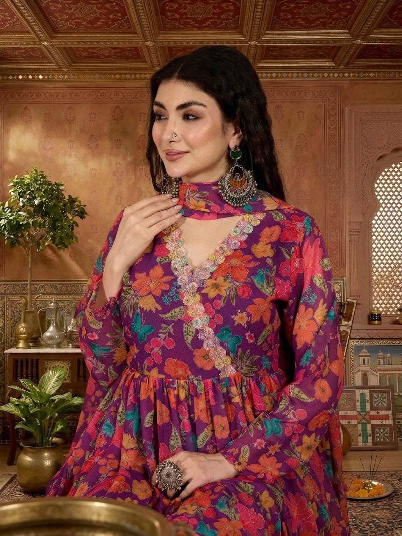 Stylum Women's Purple Floral Printed Aari Work Muslin Flared Kurta Pant Dupatta Set (KPDPURPLESANGAM)