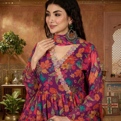 Stylum Women's Purple Floral Printed Aari Work Muslin Flared Kurta Pant Dupatta Set (KPDPURPLESANGAM)